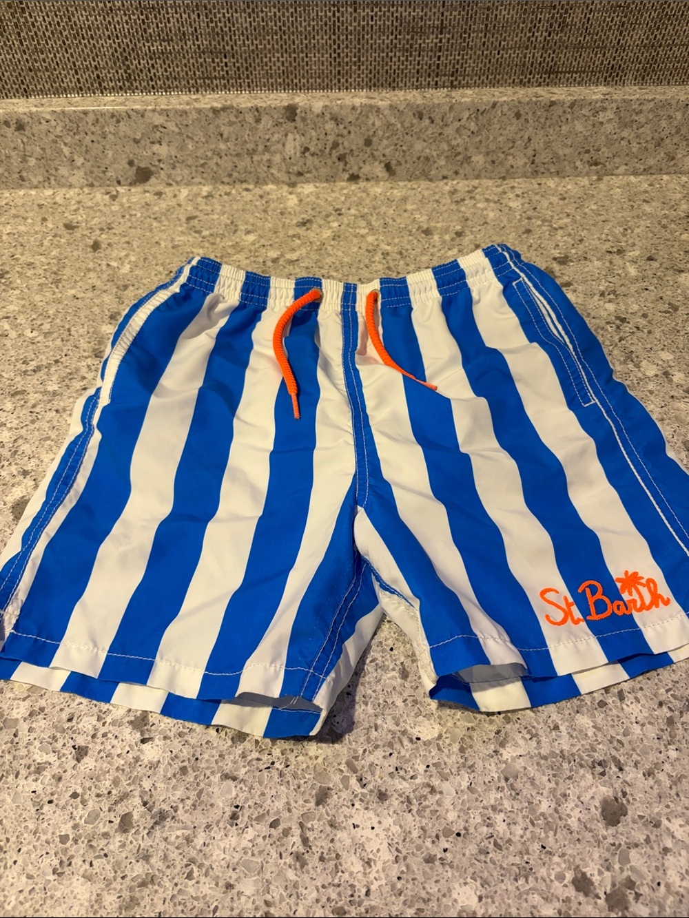 MC2 Saint Barth Blue & White Striped Kids Swim Trunks with Orange Drawcord